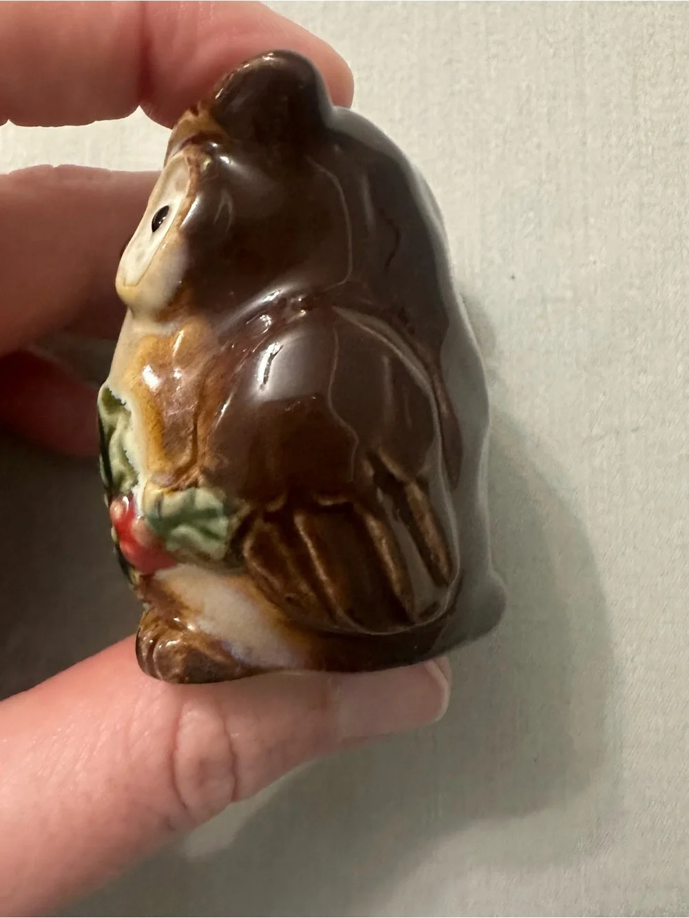 VTG Christmas Ceramic Owl Salt Pepper Shakers Pair Holly Berries Winter Holiday